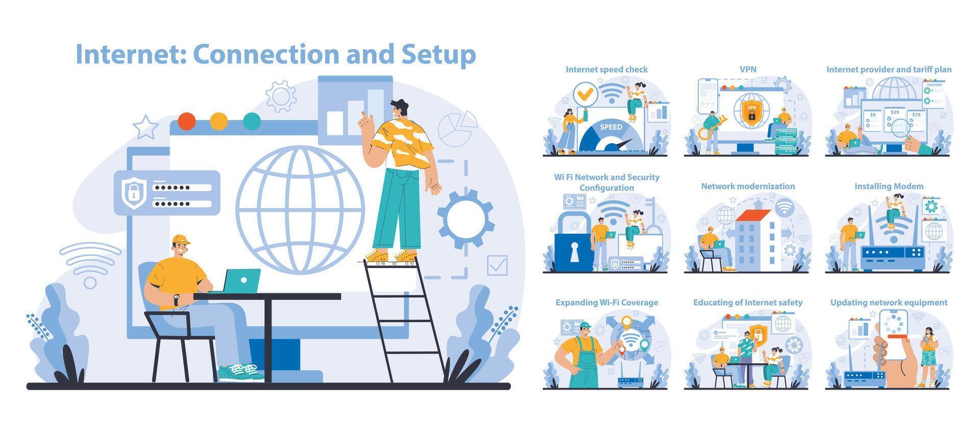 Wi-Fi network set. Specialist setting up, developing and maintaining wireless vector