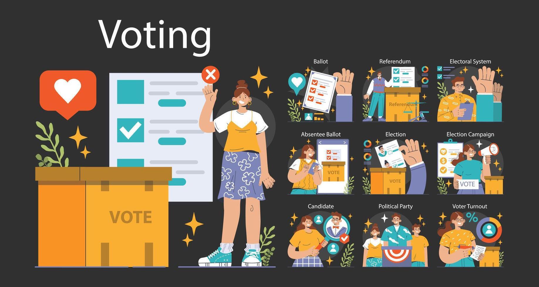 Election dark or night mode set. Democratic procedure, citizens choosing vector
