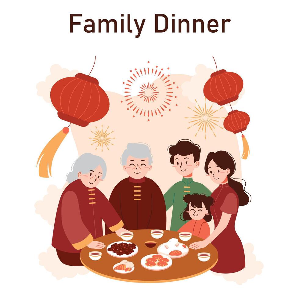 Chinese New Year tradition. Cheerful asian family leisure on festive day vector