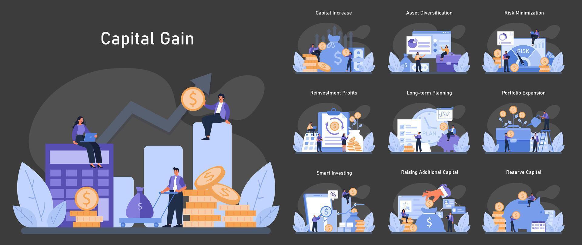 Capital Gain dark or night mode set. Enhancing financial growth through vector