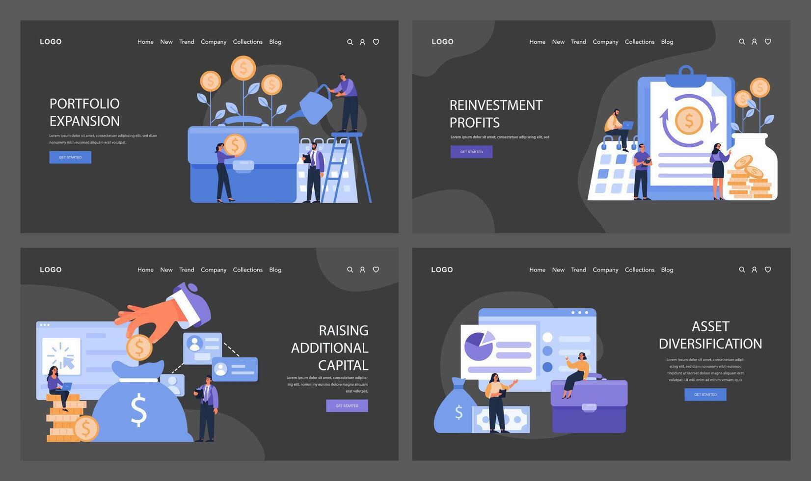 Capital Gain dark or night mode web or landing set. Illustrating portfolio vector