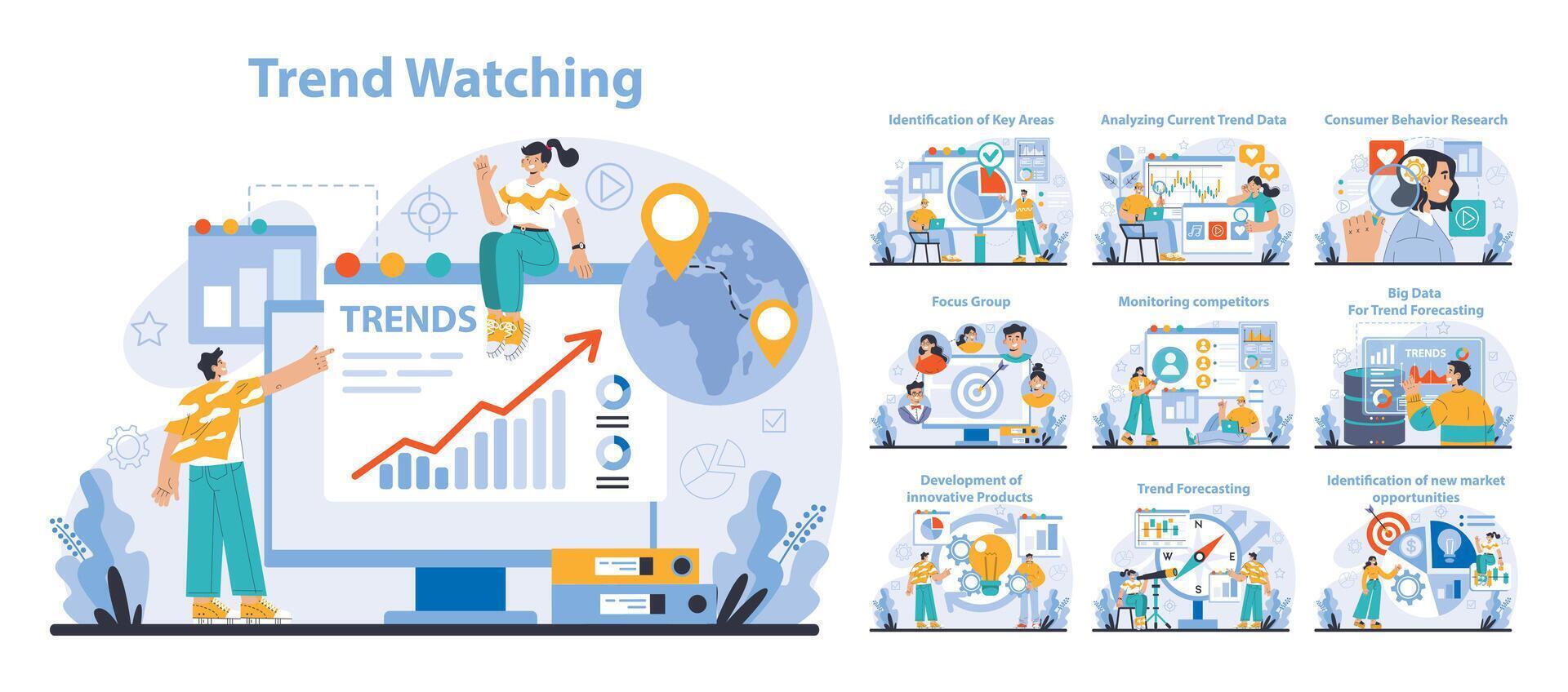 Trend watching set. Specialist tracking new business trends. Forecasting vector