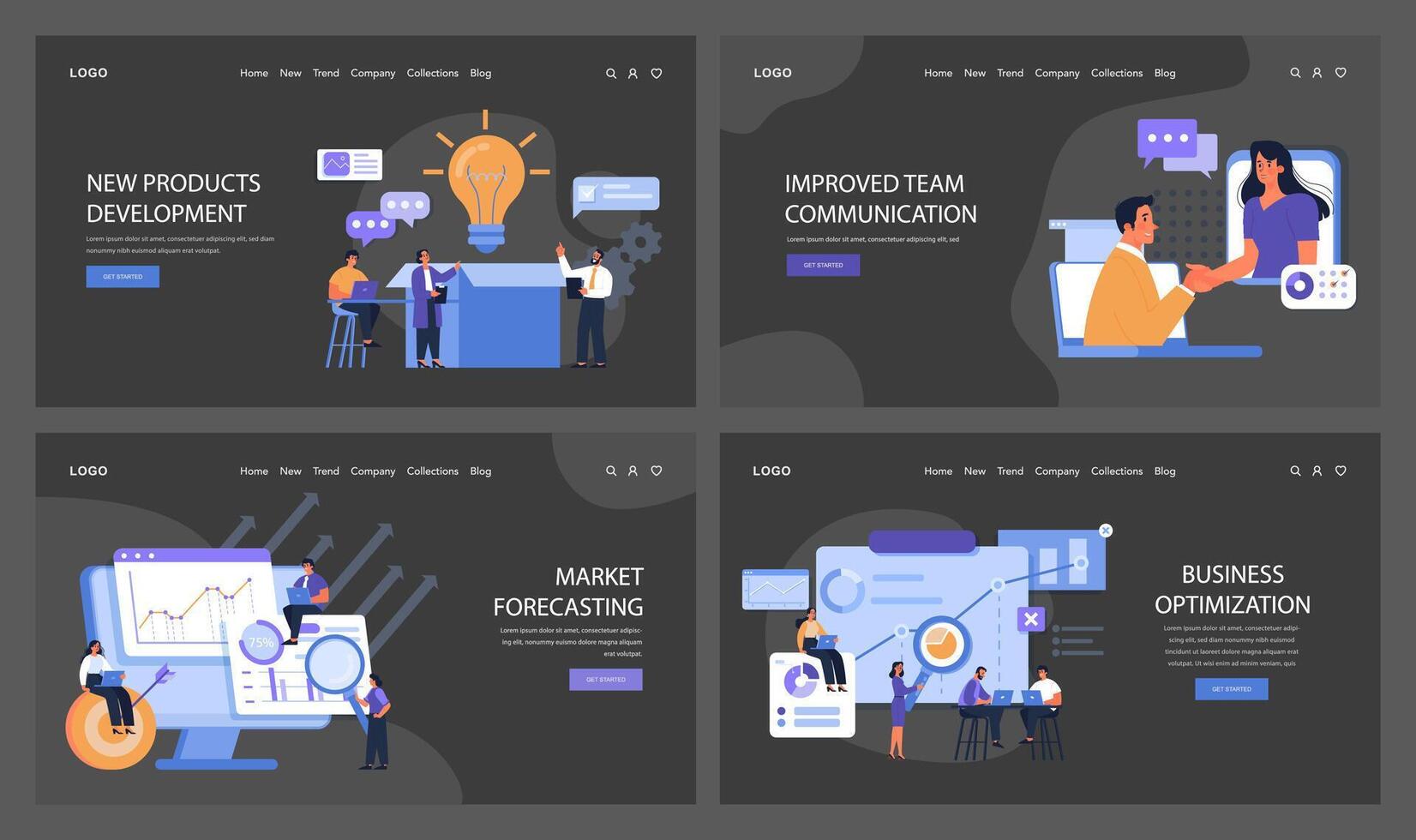 Business Concepts set. Teams unveil innovative solutions, optimize vector