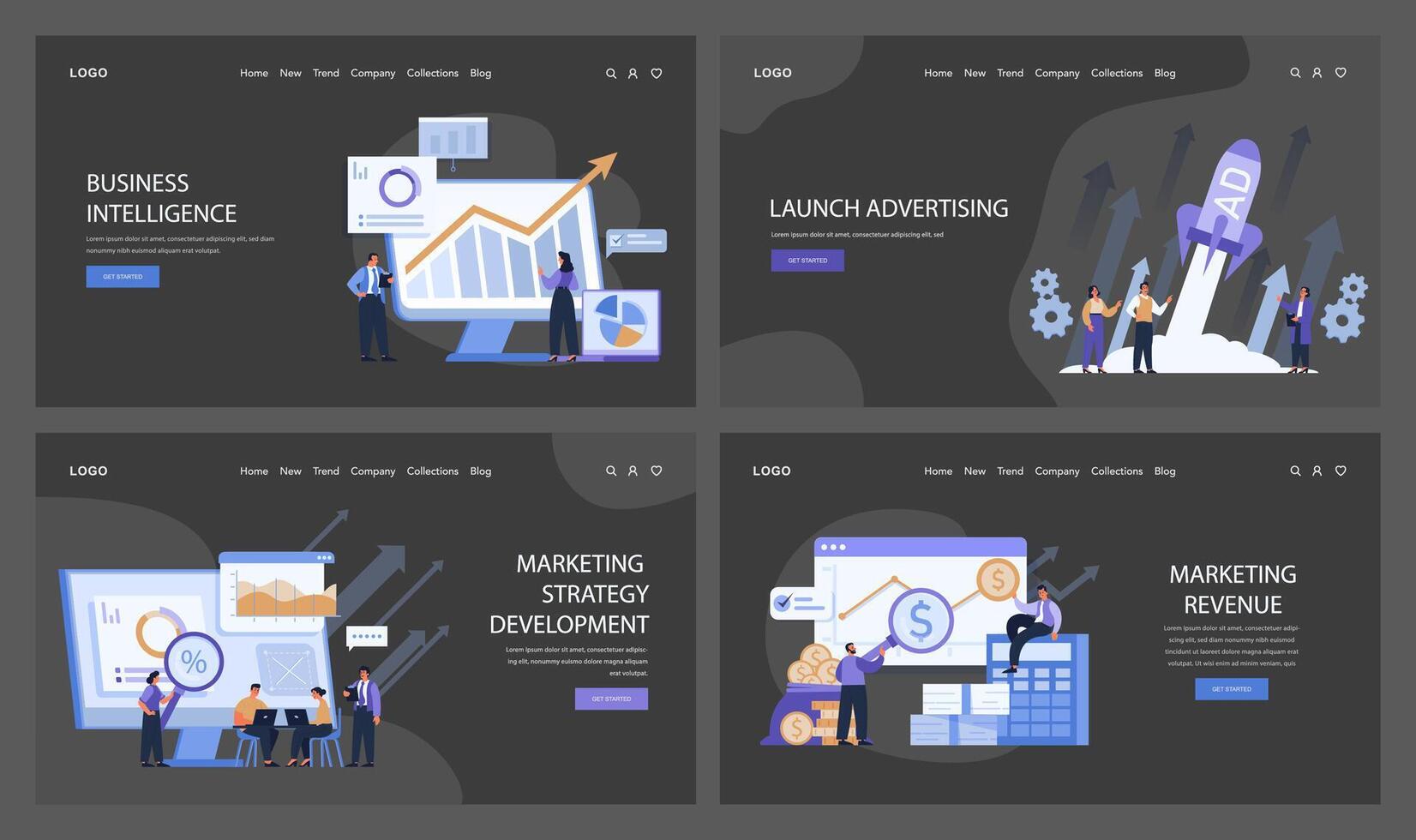 Marketing Strategy Development set. Flat vector illustration