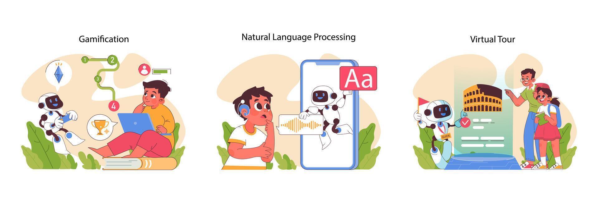 Engaging AI in Education set. Flat vector illustration