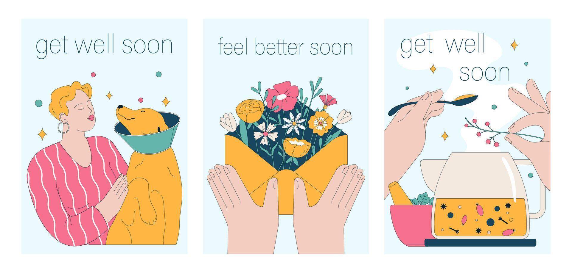 Get well soon card set. Positive and motivational poster with greeting vector