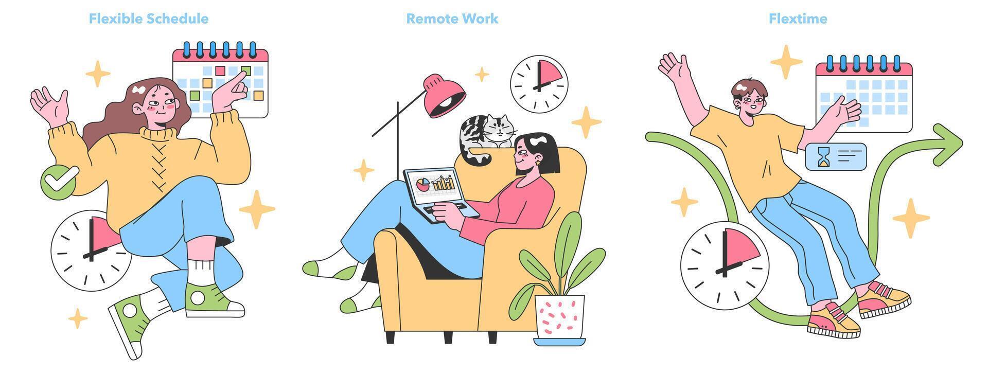 Work flexibility set. Flat vector illustration.