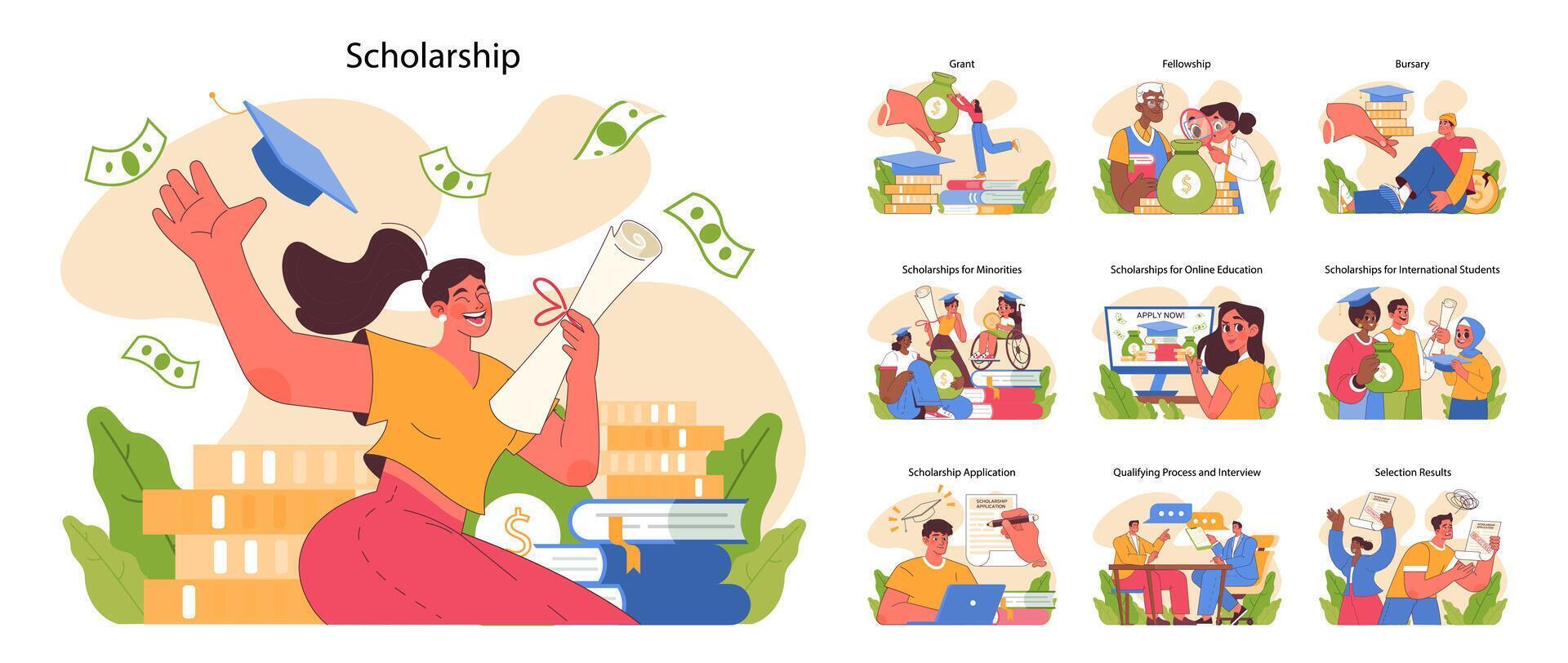 Scholarship set. Flat vector illustration