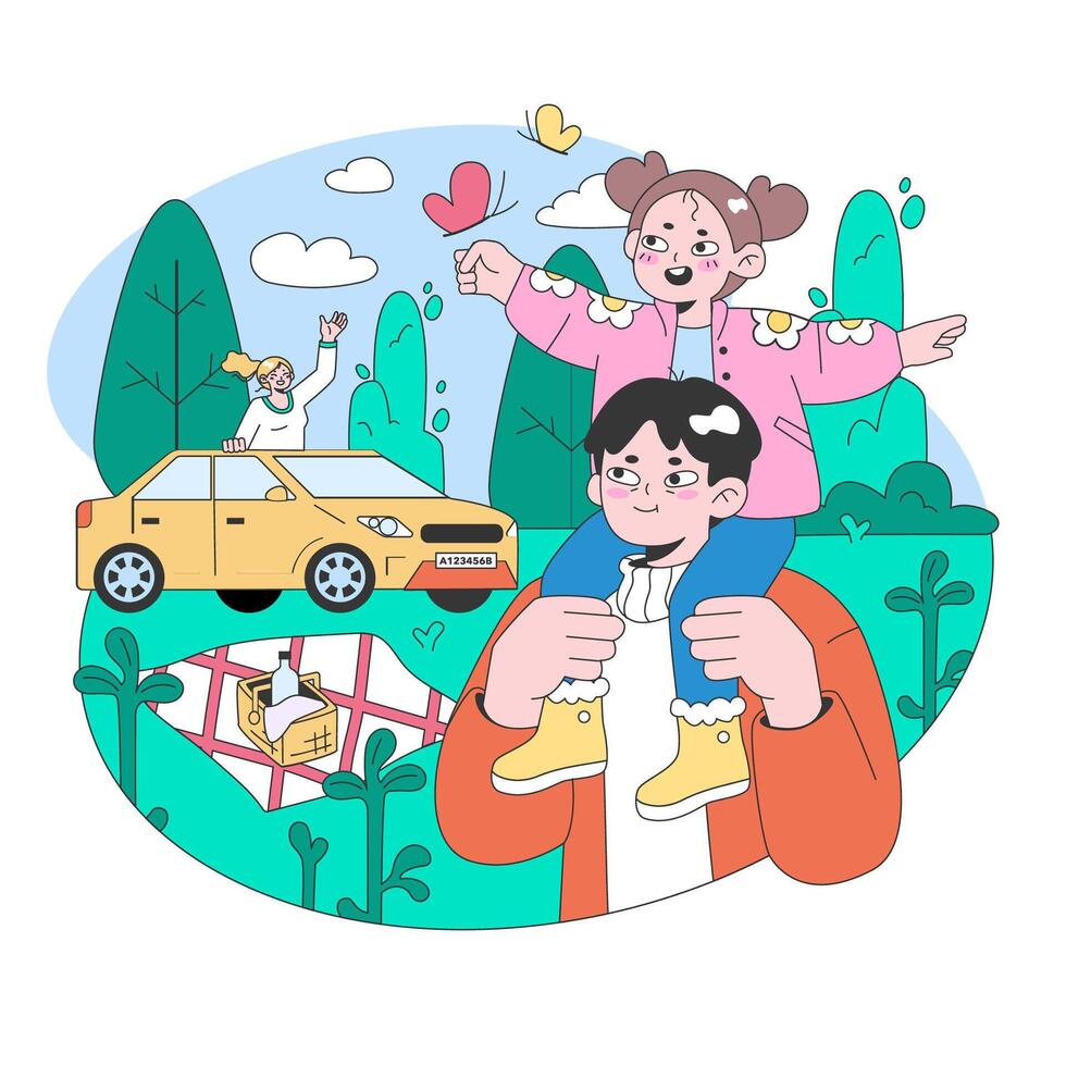 Road trip. Young people or family going on vacation by a car. vector