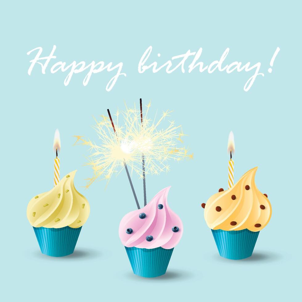 Vector set of cupcakes with different flavors and decoration, burning candles and bengal lights sparklers. Happy birthday concept