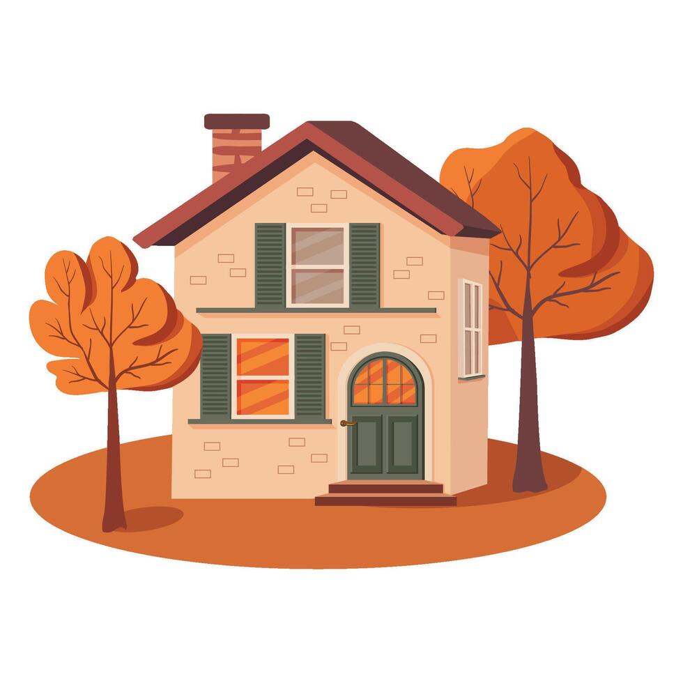 Vector hand drawn illustration of a flat cartoon house with autumn garden