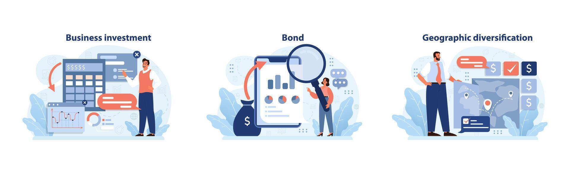 Investment strategy set. Flat vector illustration