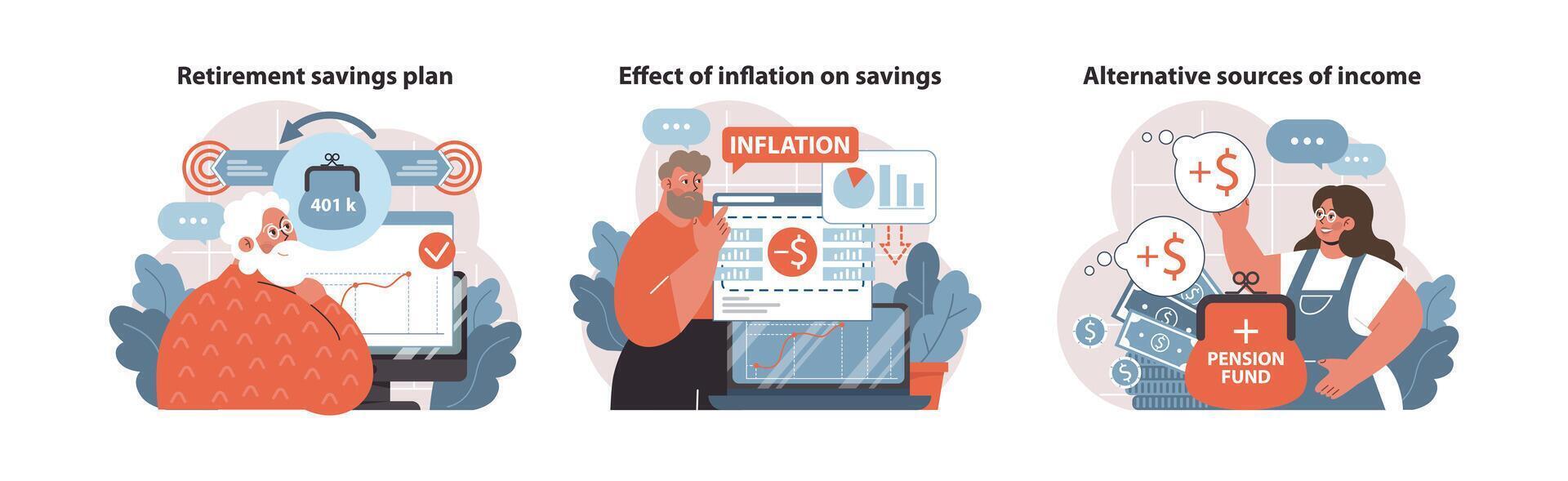 Future Finance set. Detailing a retirement savings plan. vector
