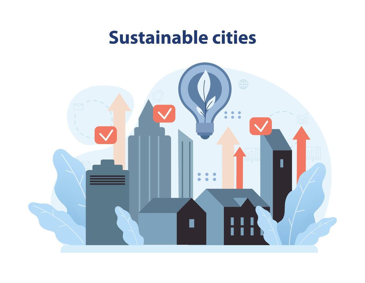 Sustainable cities depicted by a progressive skyline, eco-friendly light bulb, and rising arrows. Flat vector illustration