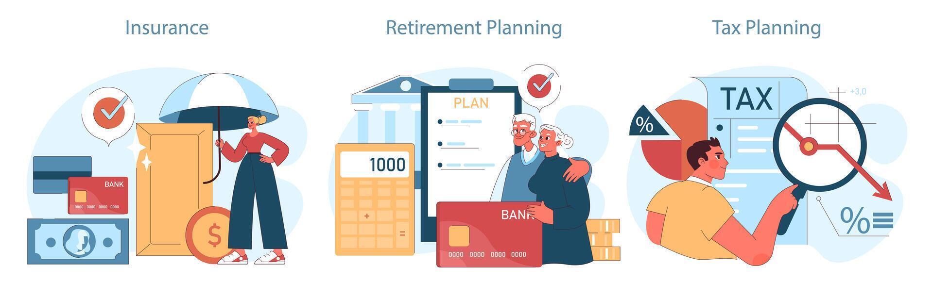 Financial planning set. Key aspects of financial security. insurance, retirement, vector