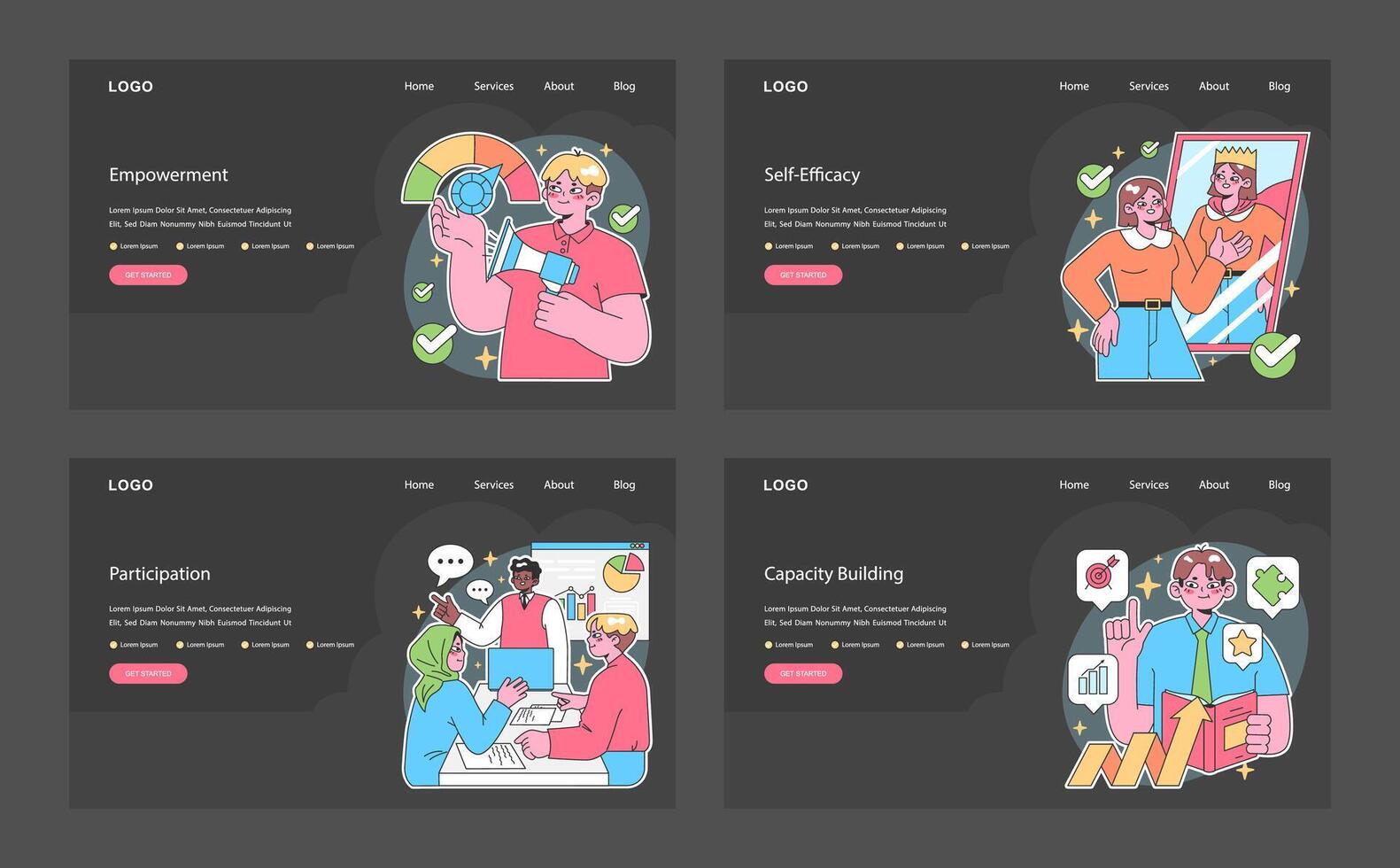 Empowerment dark or night mode web, landing set. Office employees vector