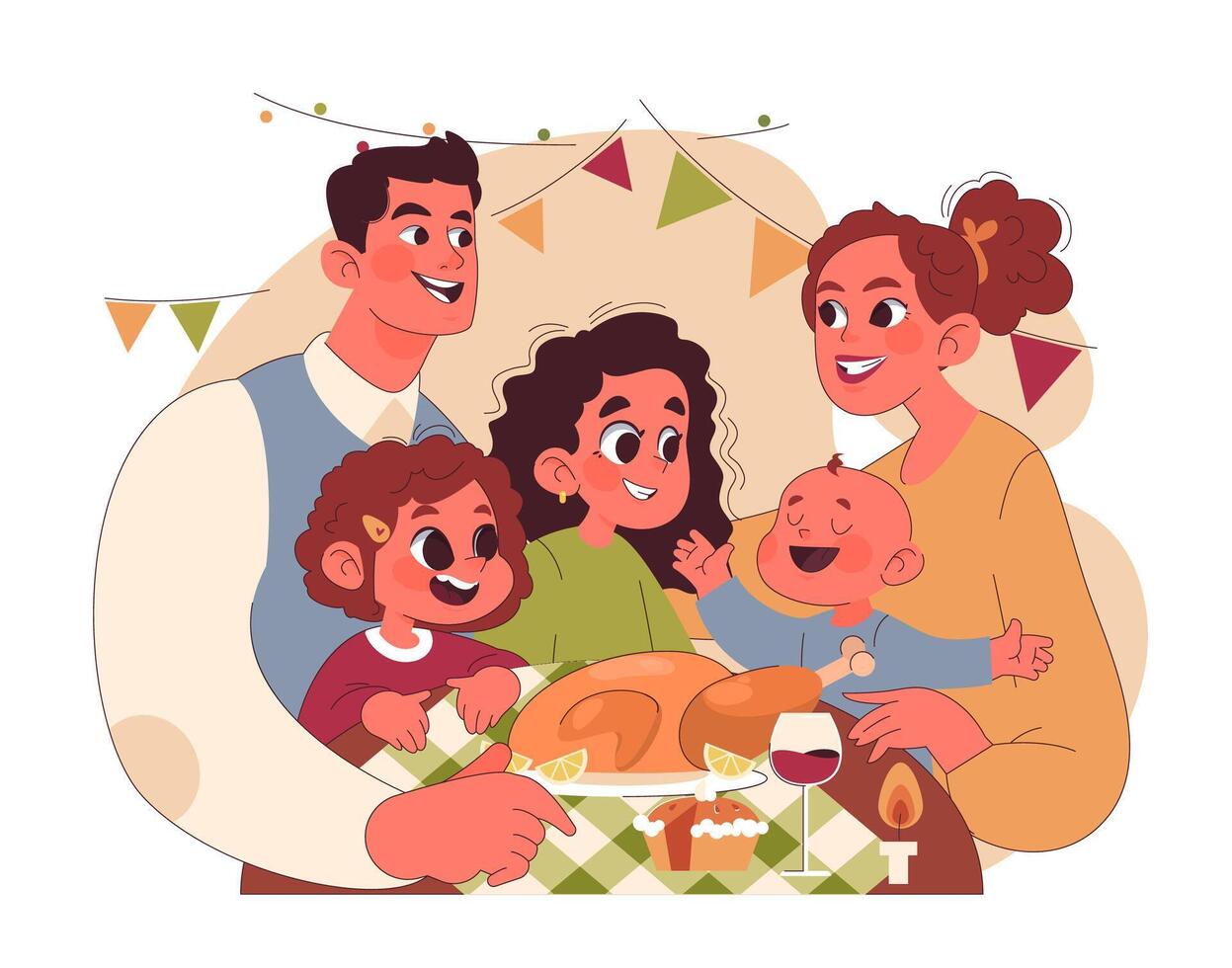 Joyful family celebrating Thanksgiving. American holiday dining and gathering vector