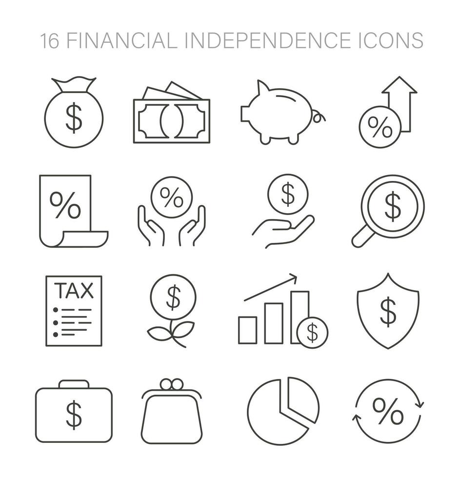 Financial Independence icons set. Essential assets and investments guide. vector