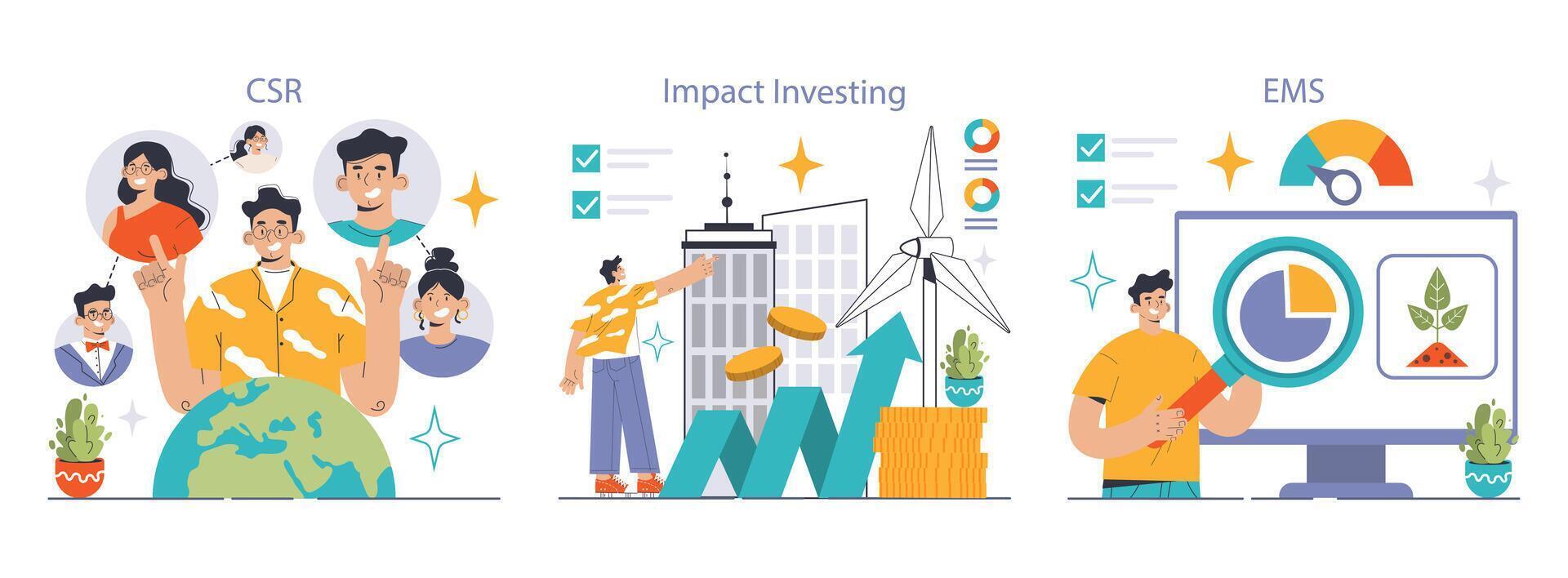 Corporate sustainability set. Professionals discussing CSR, innovative vector