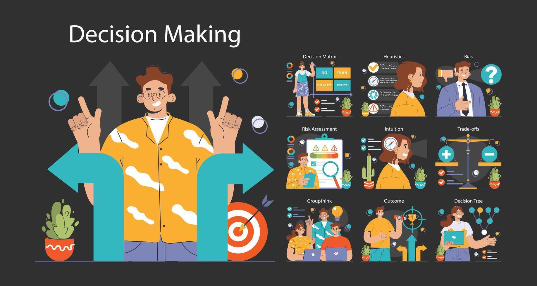 Decision-making dark or night mode set. Strategic thinking, brainstorming vector