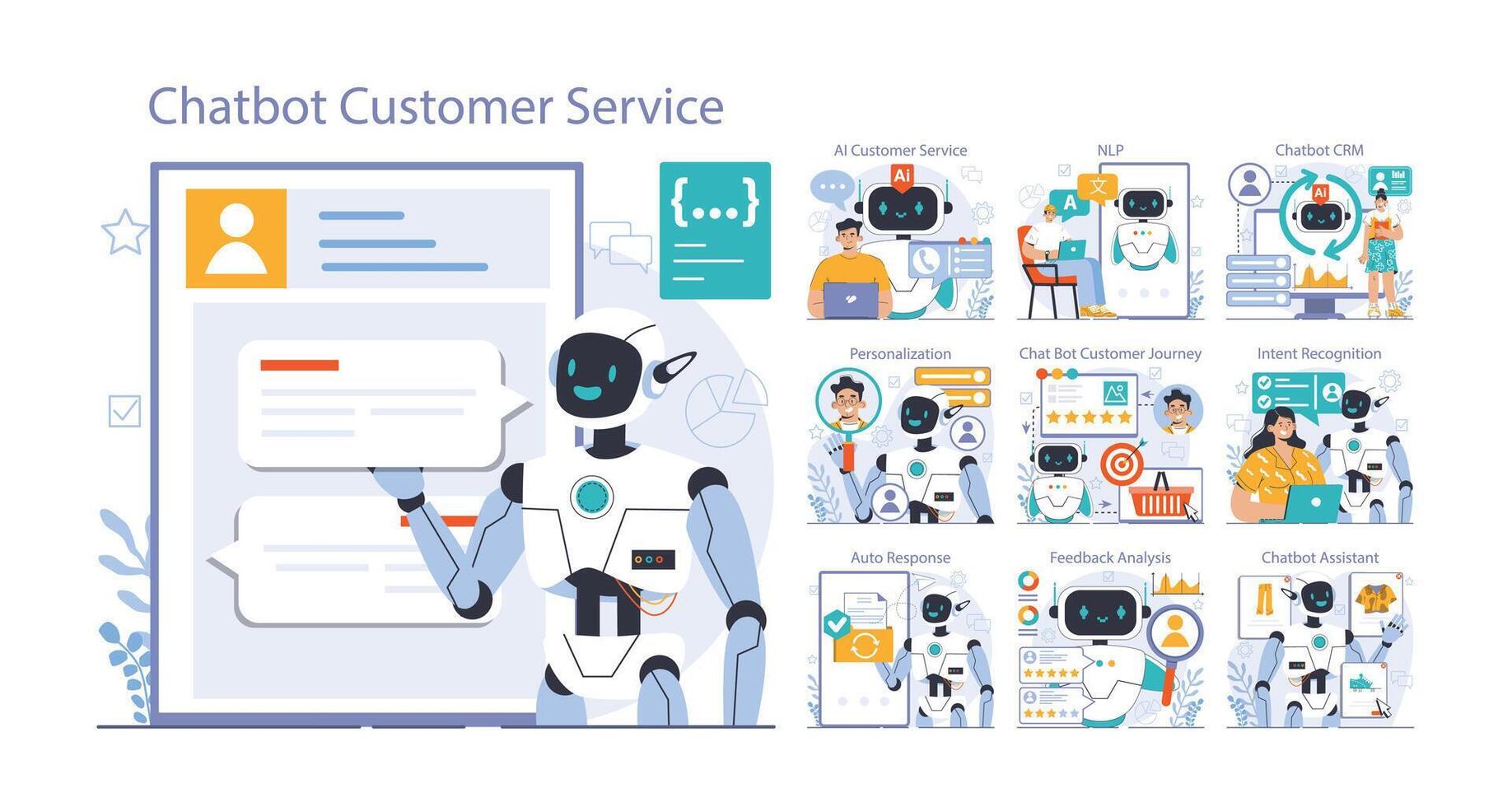 Chat bot set. AI-powered customer service. Online consultation with artificial vector