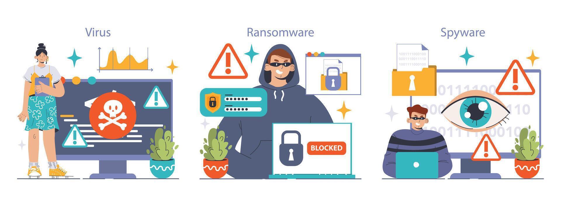 Cybersecurity set. Protecting data from threats. Users confronting various vector