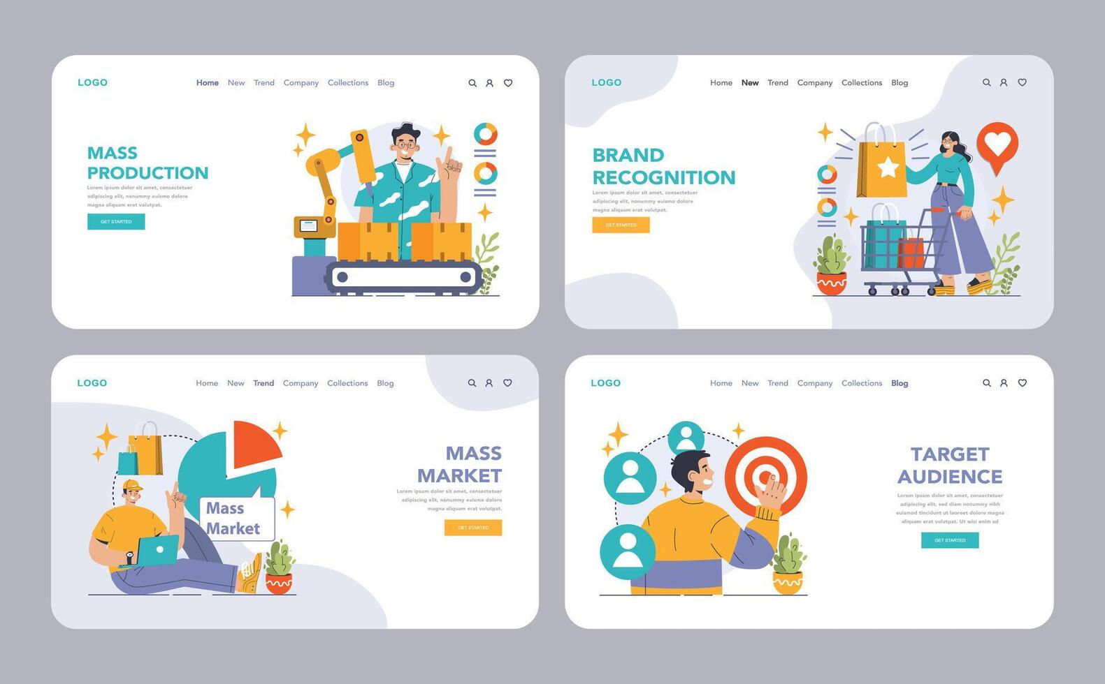 Mass market web or landing set. Mass production economics. Targeted vector
