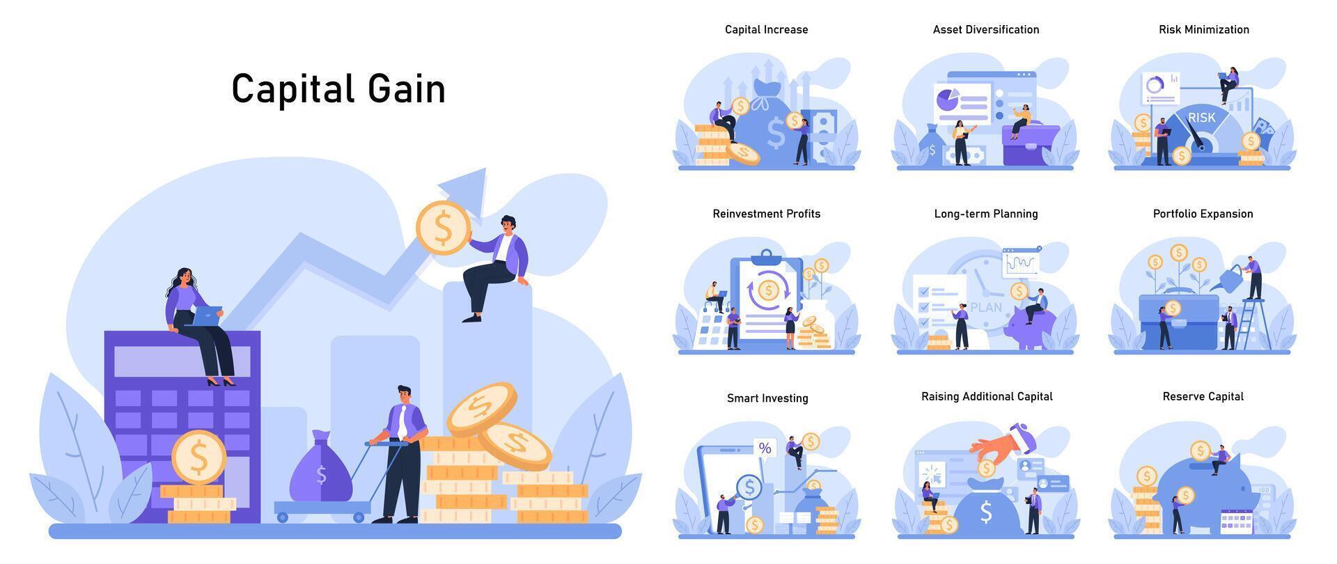 Capital Gain set. Enhancing financial growth through strategic investments vector