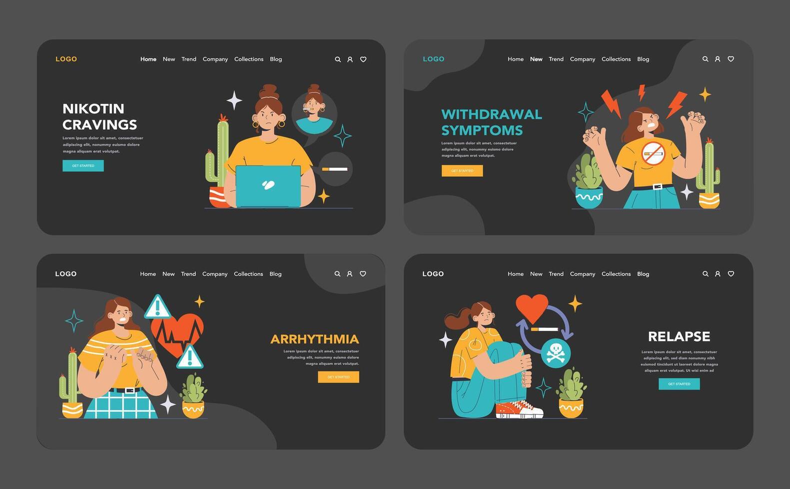Smoking cessation dark or night mode web, landing set. Man quits smoking, vector