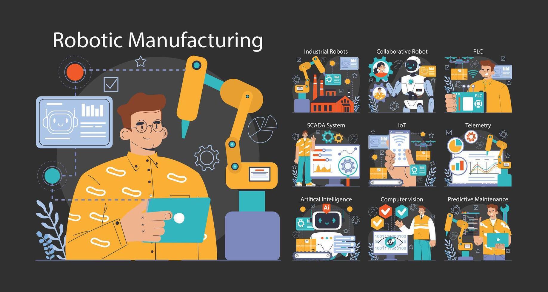 Robotic manufacture dark or night mode set. Automated systems or AI working vector
