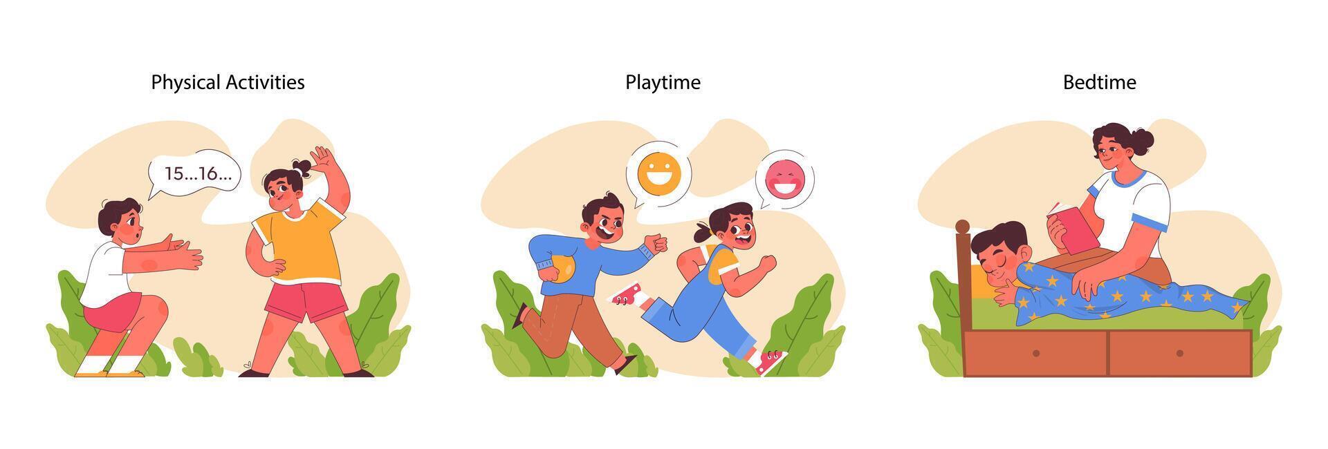 Child's daily routine set. Flat vector illustration.