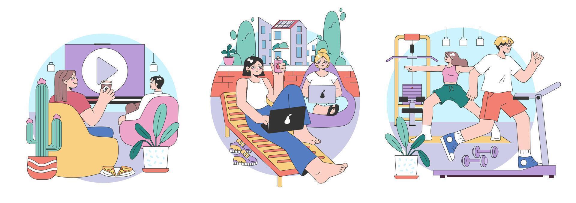 Leisure in Workspaces set. Flat vector illustration