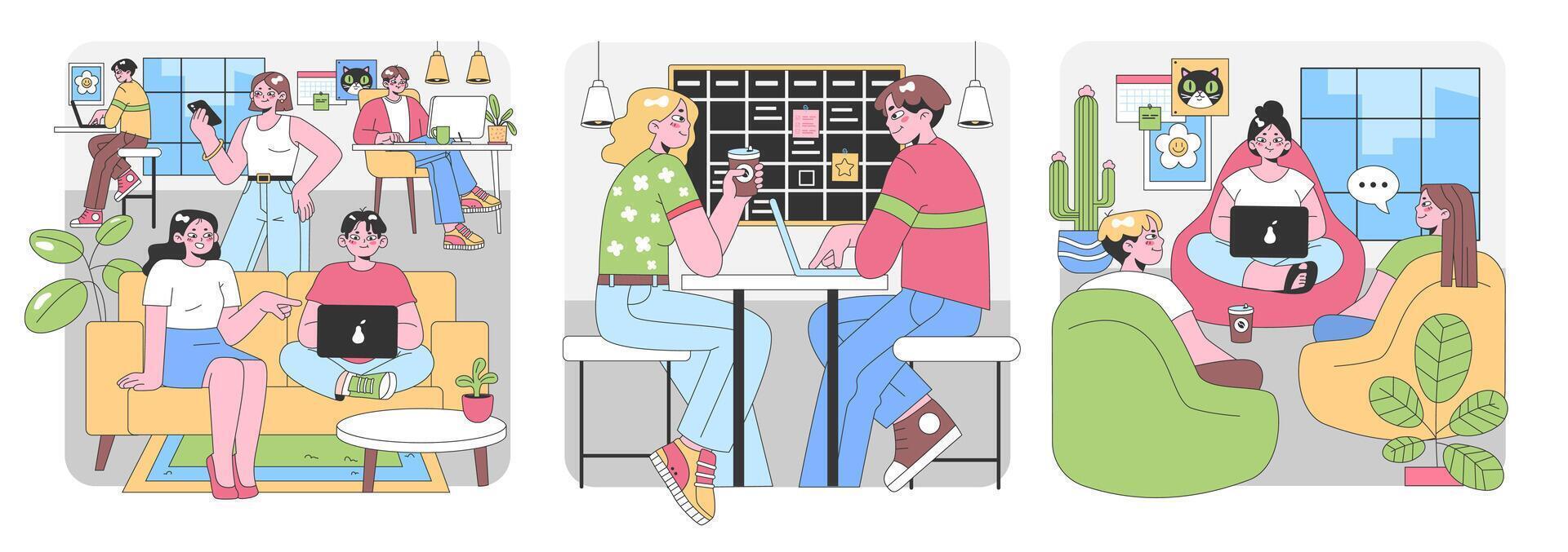 Modern Co-working Space set. Flat vector illustration.