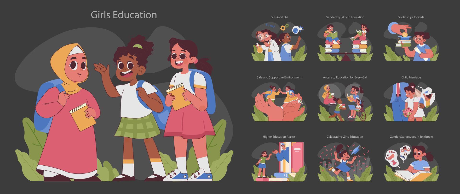 Girls education set. Flat vector illustration