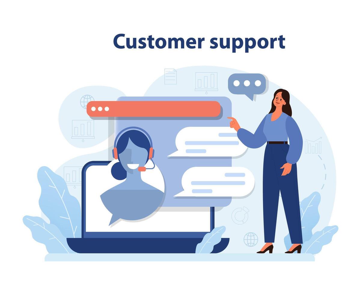 Woman guiding towards online customer support. vector