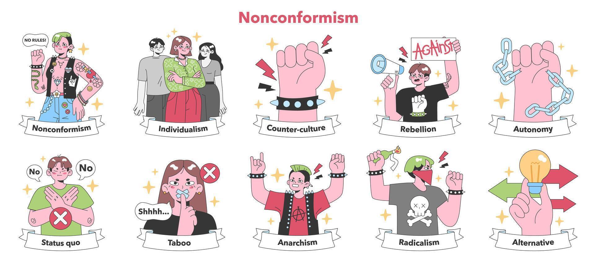 Nonconformism set. . Flat vector illustration