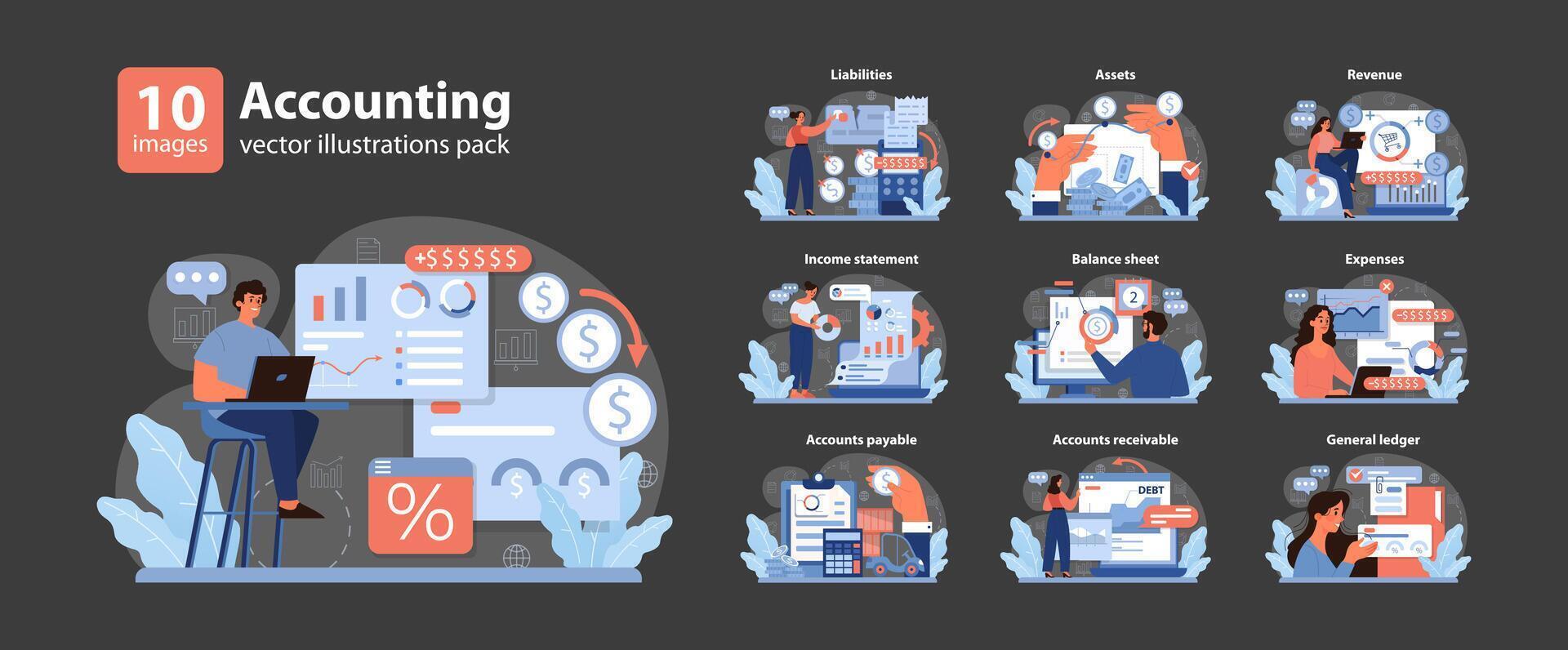 Accounting set. Professionals navigating finance realms. vector