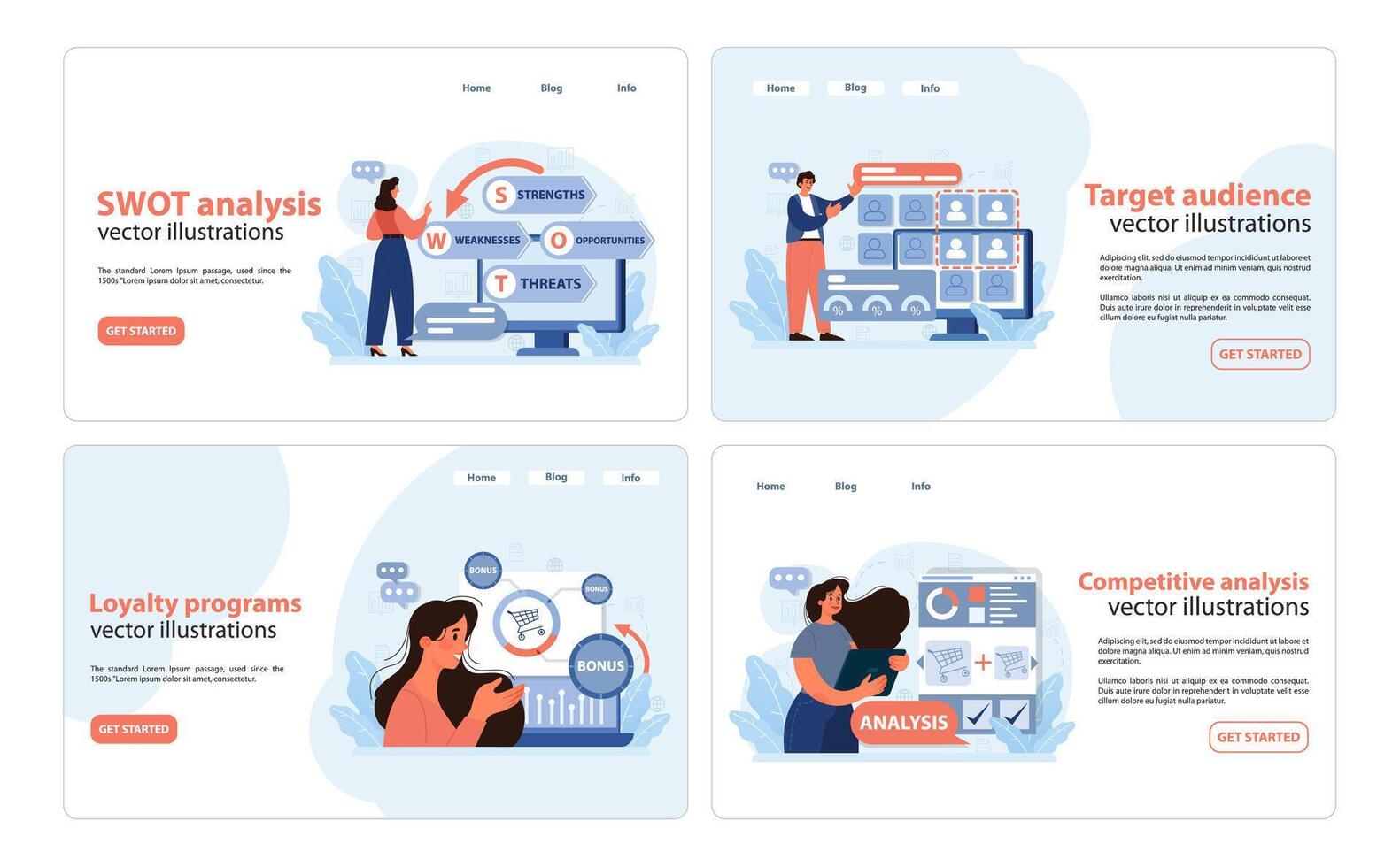 Marketing strategies set. Flat vector illustration