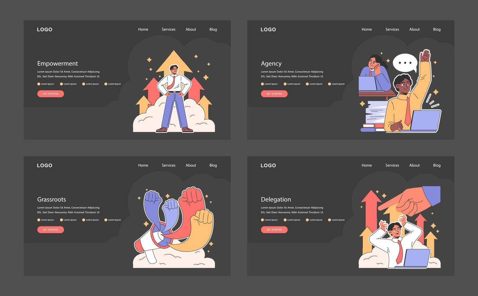 Empowerment dark or night mode web, landing set. Office employees vector