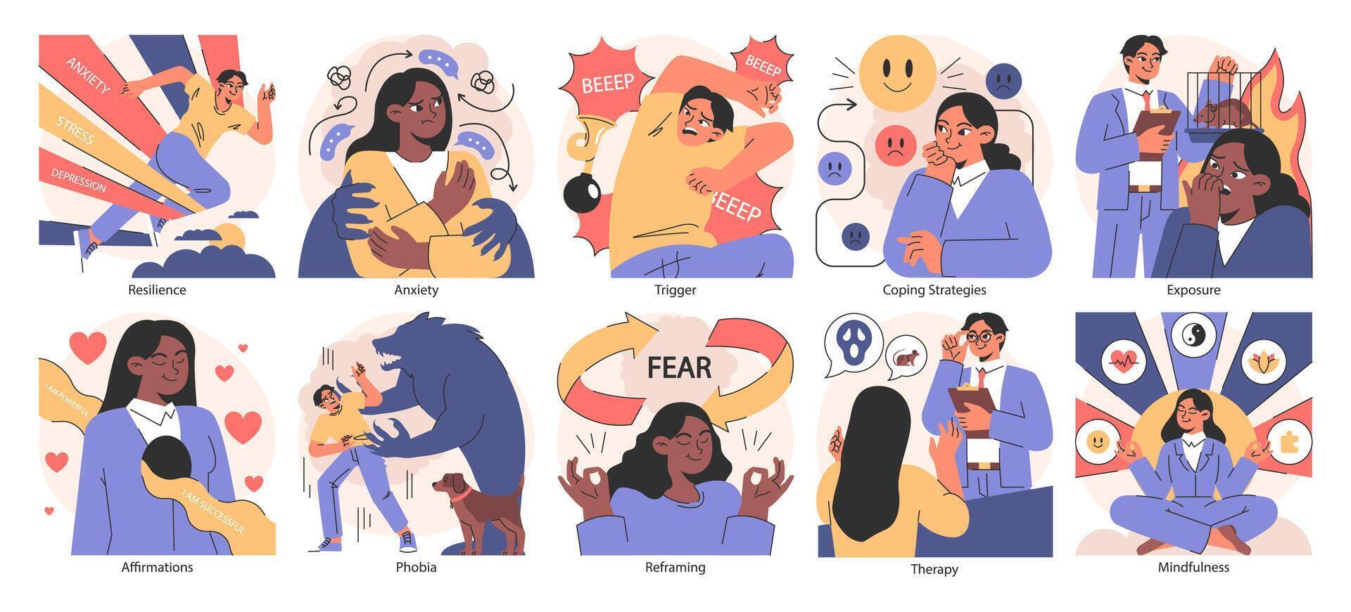 Overcoming fears set. Characters confronting fears with desensitization vector