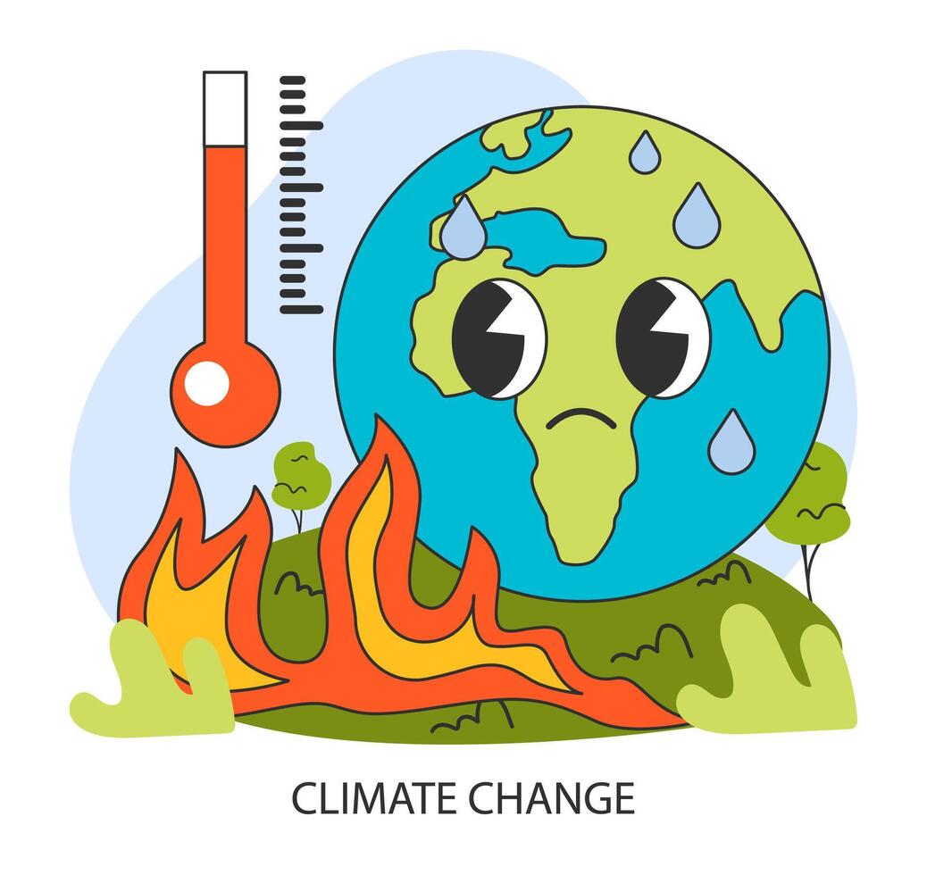 Climate change. Distressed Earth cartoon character with rising flames vector