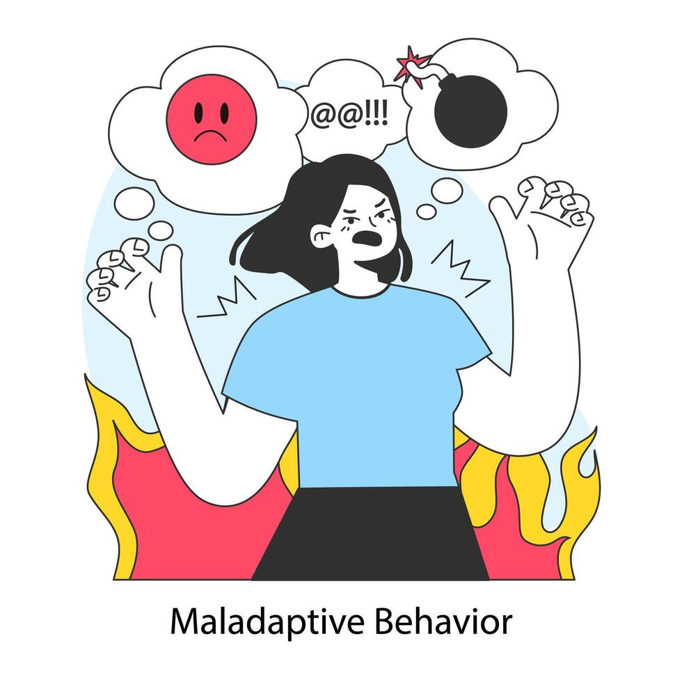 Maladaptive behavior. Neurosis, chronic stress and anxiety mental disorder. vector