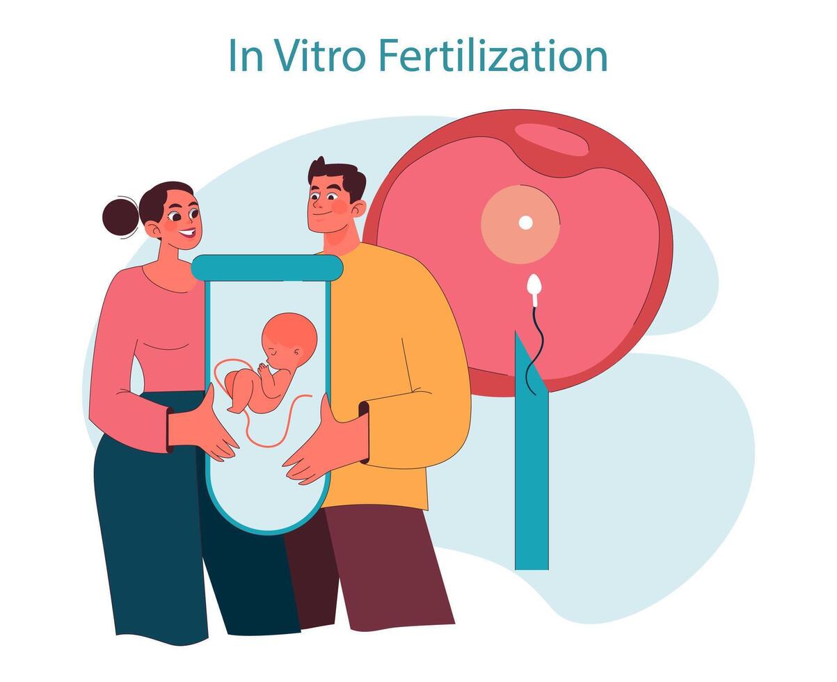 In vitro fertilization. Hopeful couple observing IVF procedure, with embryo vector