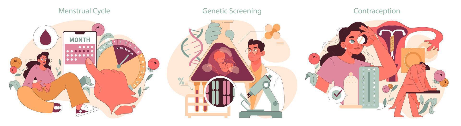 woman menstrual cycle, an expert examining genetic screening, and methods of contraception. vector