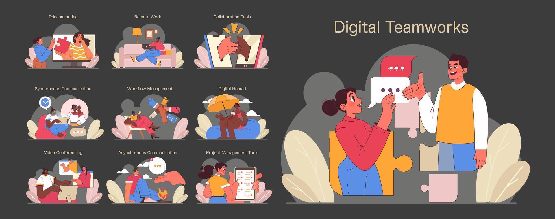 Digital Teamworks concept. Flat vector illustration