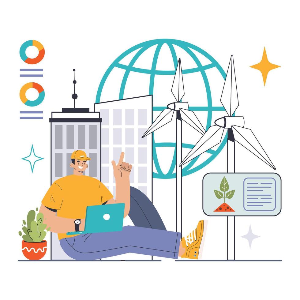 ESG Commitment concept. Worker with laptop, modern city, wind turbines vector