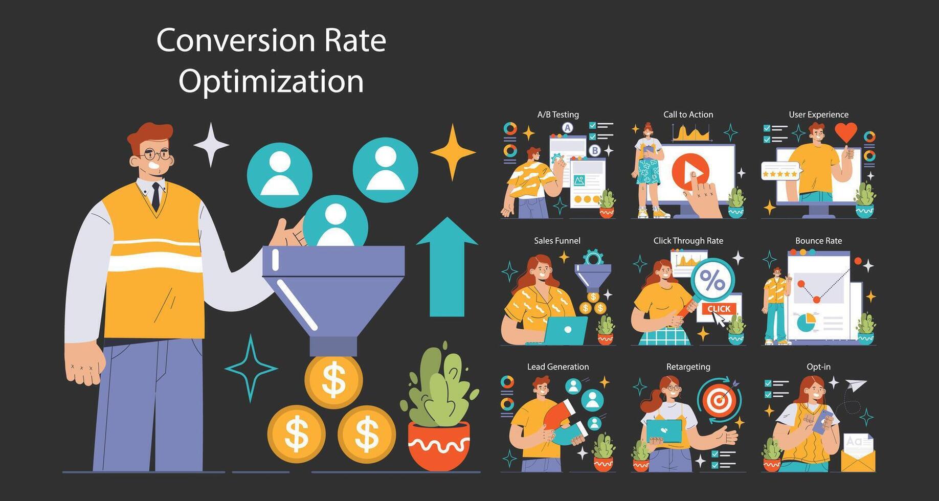 Conversion Rate Optimization set. Experts analyzing website vector