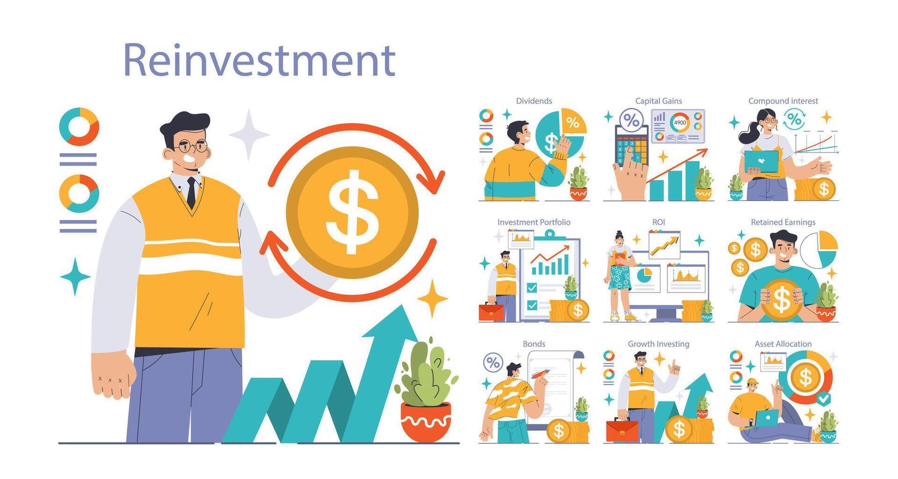 Reinvestment set. Flat vector illustration.