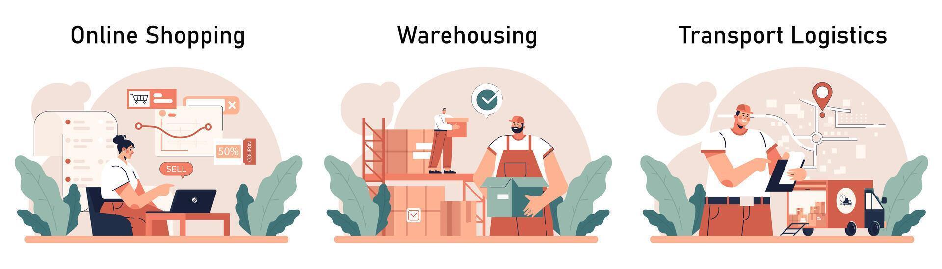 Delivery of goods set. Warehousing, logistics and delivery of customer vector