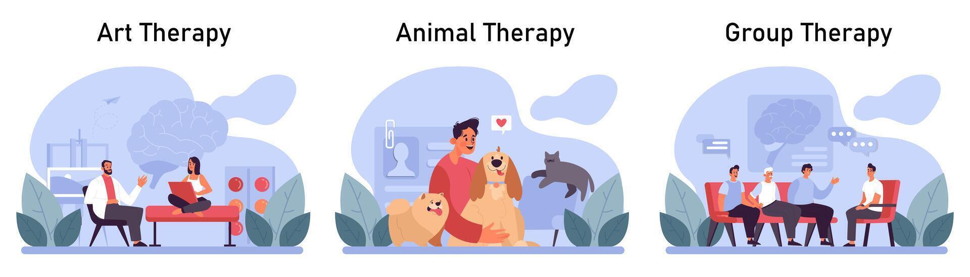Psychotherapy set. Psychiatrist consulting a patient on mental health vector